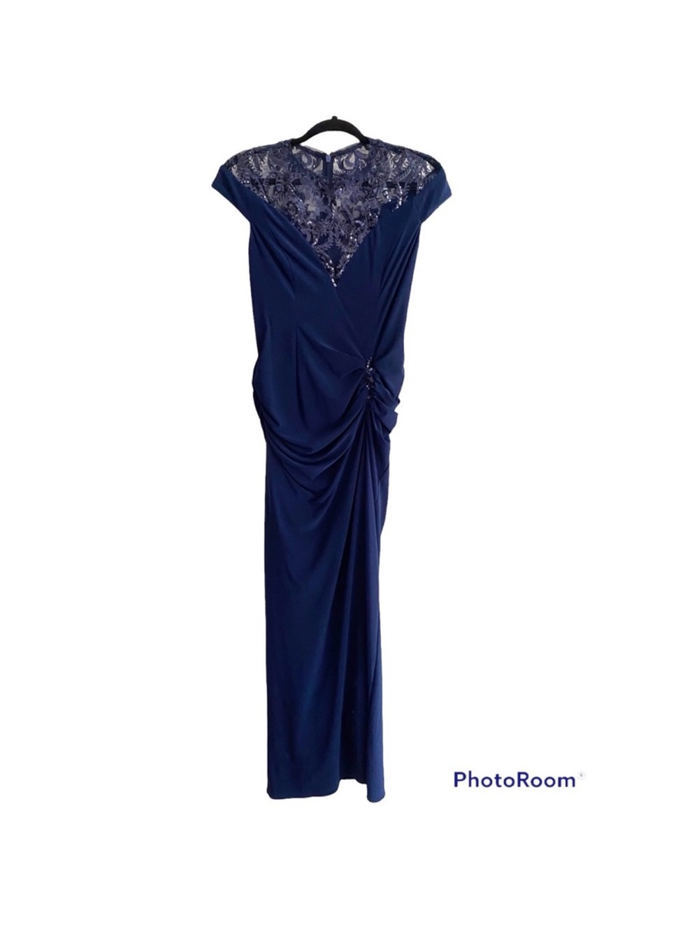Adrianna Papell Elegant Navy Evening Gown with Lace Yoke